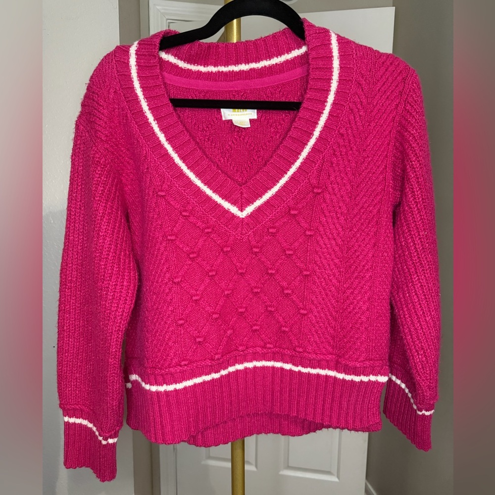 Anthropologie Maeve Fuchsia V-Neck Sweater - Picture 4 of 7